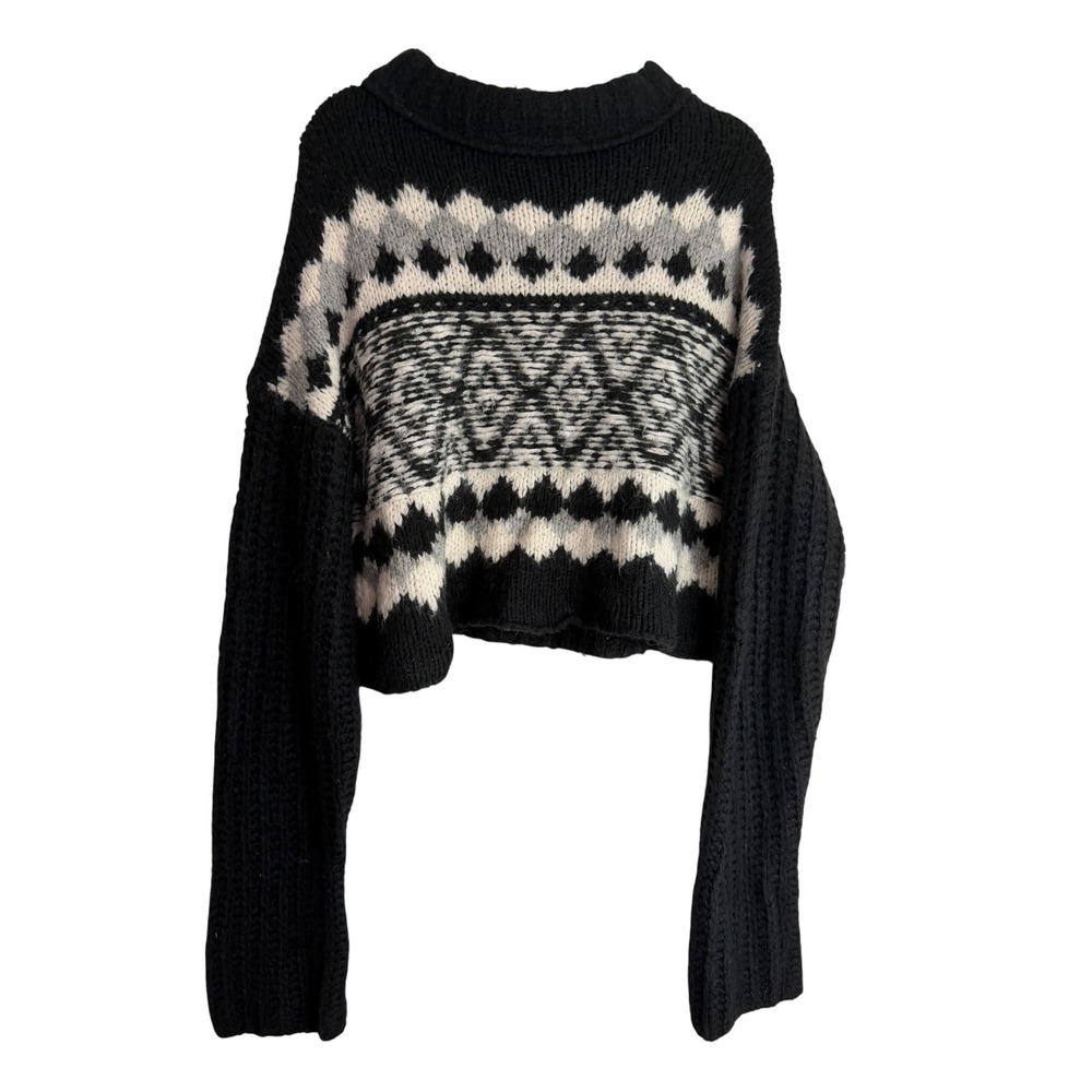 Free People Womens Black Fair Isle Cropped Wool Alpaca Blend Sweater Size M